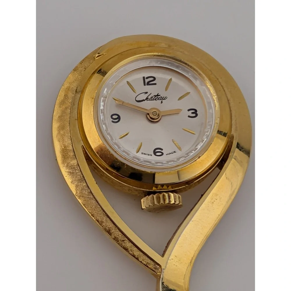 Vintage New 1960s Chateau Swiss Mechanical‎ Pendant Watch Gold Case w/ Chain